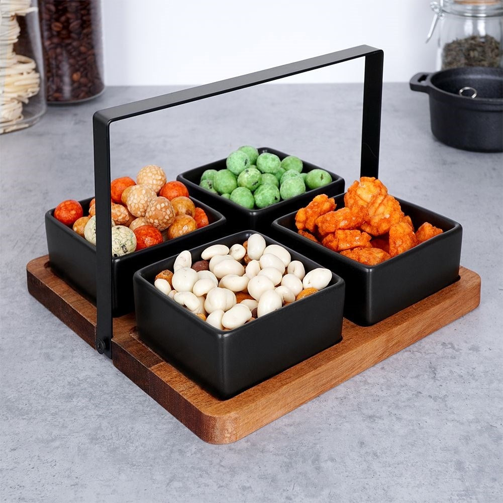 Four Bowls on Acacia Tray: Perfect for Snacks and Dips