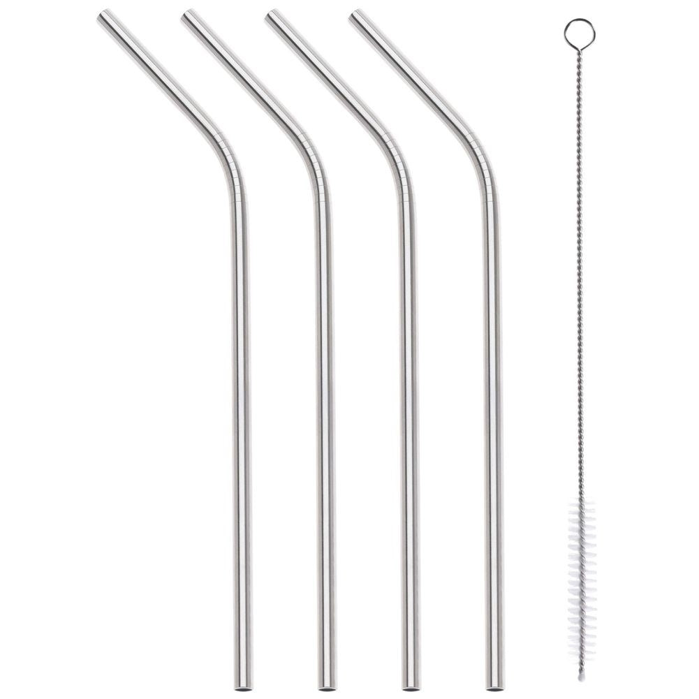 Four bent stainless straws with cleaning brush