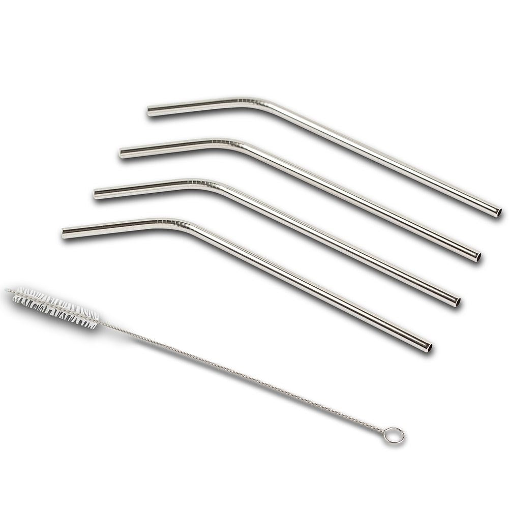 Four bent stainless straws with cleaning brush