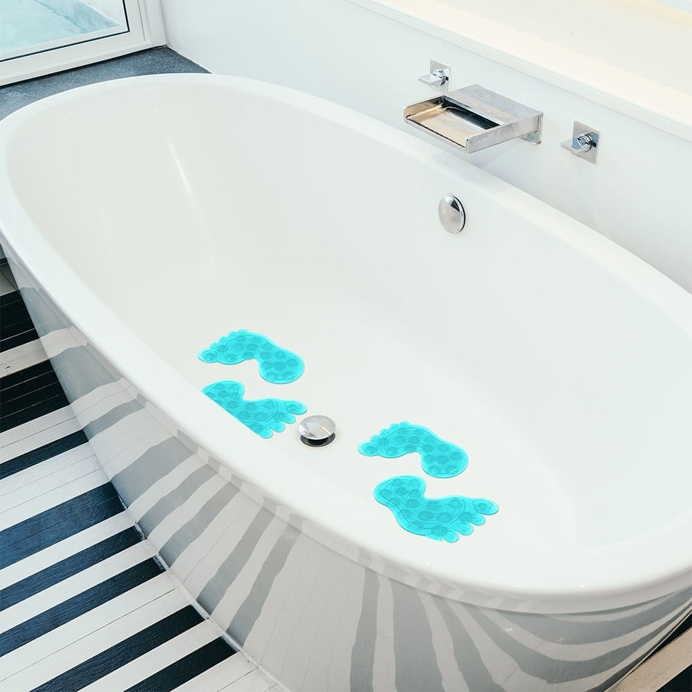 Four blue non-slip mats with suction cups for shower/bathtub