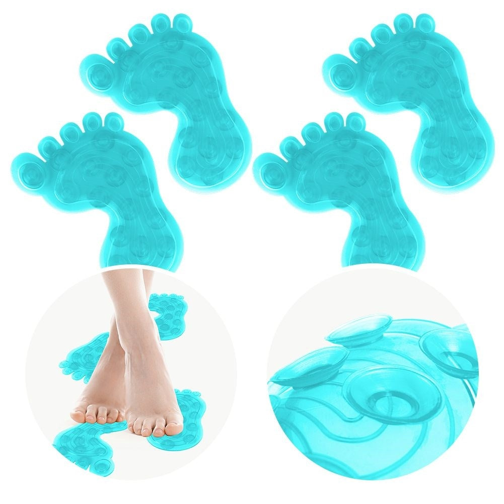 Four blue non-slip mats with suction cups for shower/bathtub