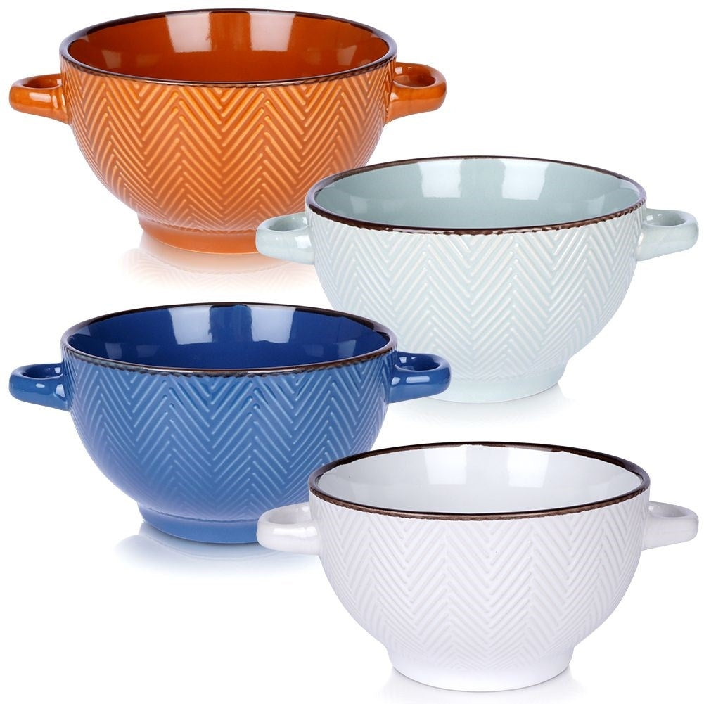 Four colorful ceramic bowls with handles, dishwasher and microwave safe