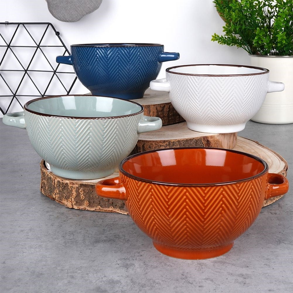Four colorful ceramic bowls with handles, dishwasher and microwave safe