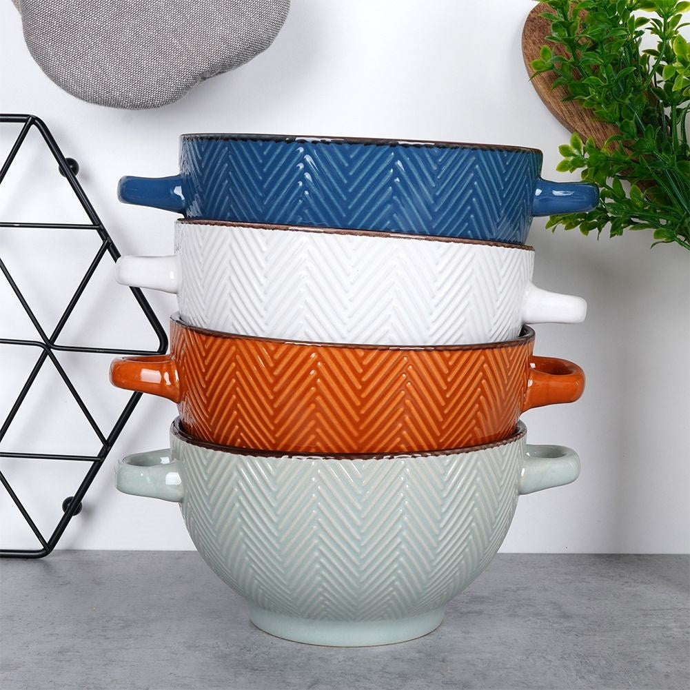 Four colorful ceramic bowls with handles, dishwasher and microwave safe