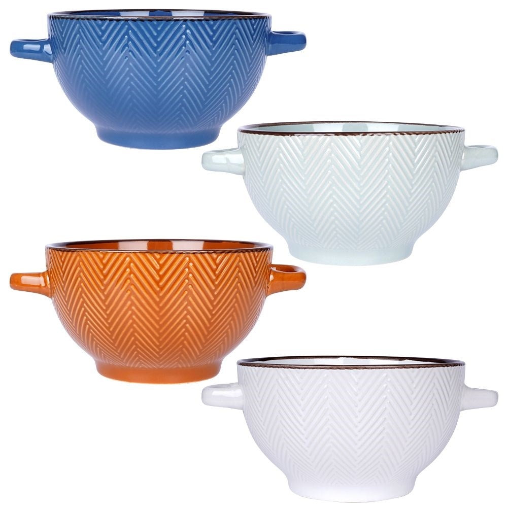 Four colorful ceramic bowls with handles, dishwasher and microwave safe