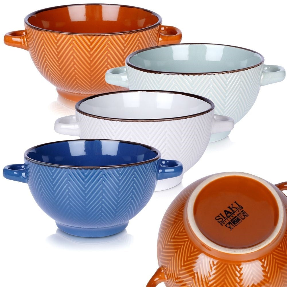 Four colorful ceramic bowls with handles, dishwasher and microwave safe