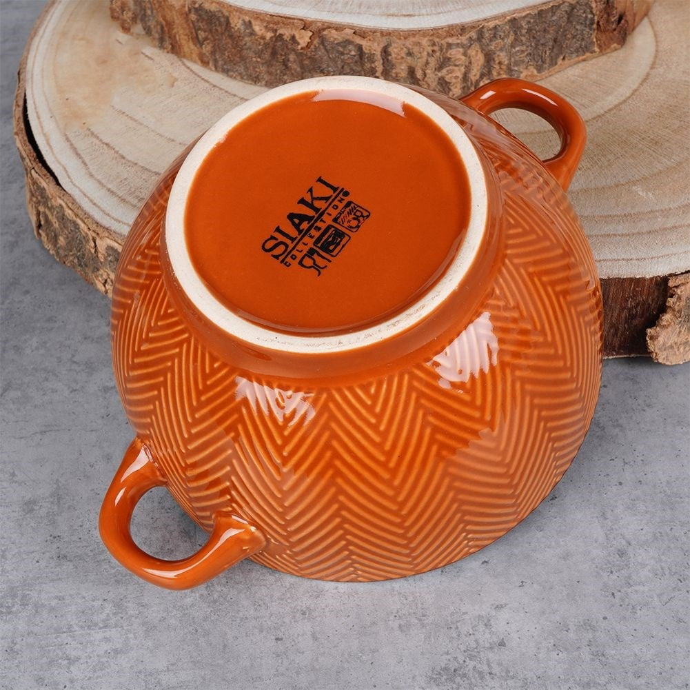 Four colorful ceramic bowls with handles, dishwasher and microwave safe