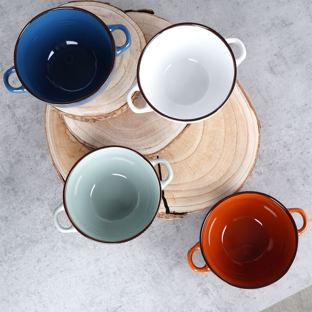 Four colorful ceramic bowls with handles, dishwasher and microwave safe