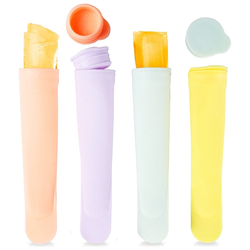 Four colorful silicone ice cream molds with tight-fitting lids