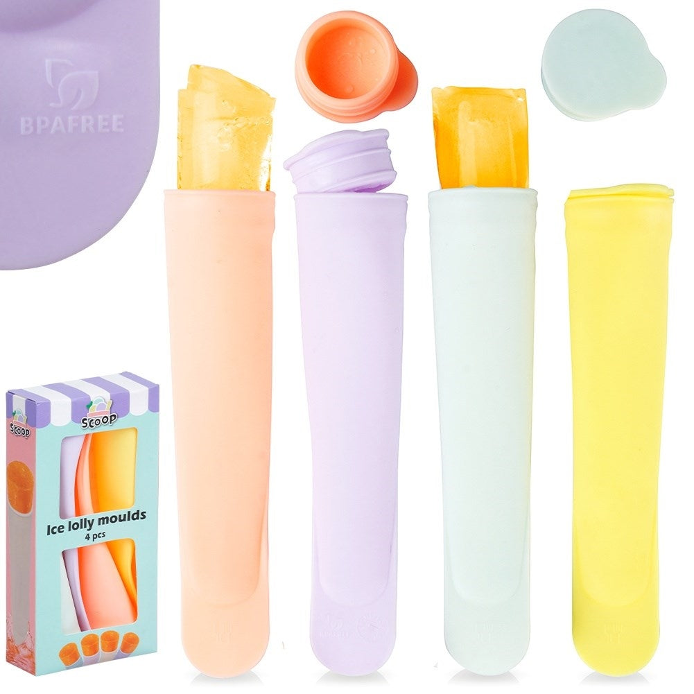 Four colorful silicone ice cream molds with tight-fitting lids