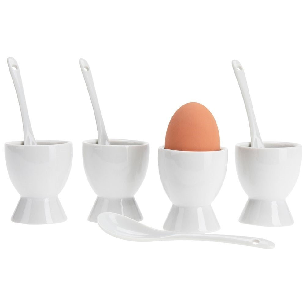 Four egg cups with spoons in white porcelain, dishwasher safe