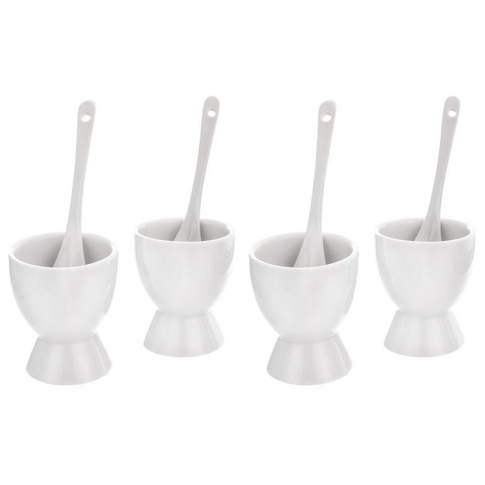Four egg cups with spoons in white porcelain, dishwasher safe