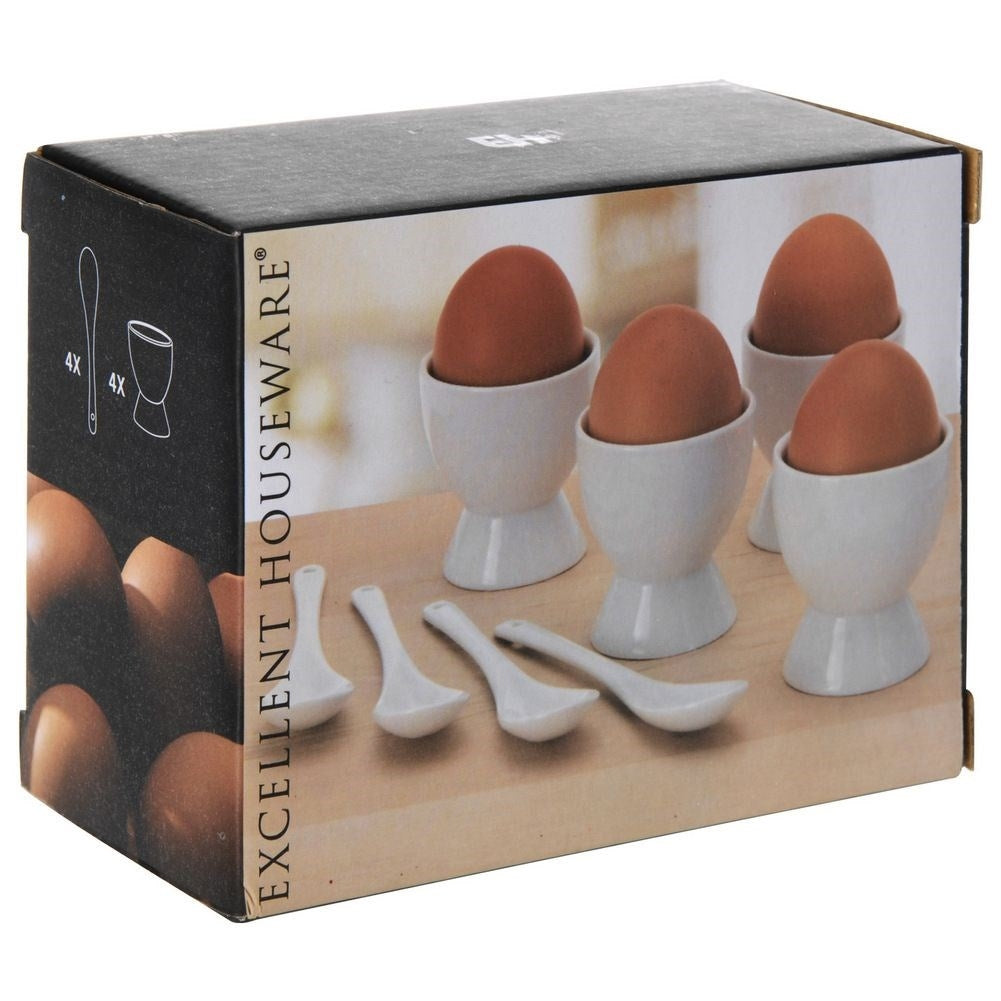 Four egg cups with spoons in white porcelain, dishwasher safe