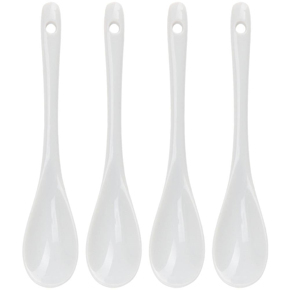 Four egg cups with spoons in white porcelain, dishwasher safe
