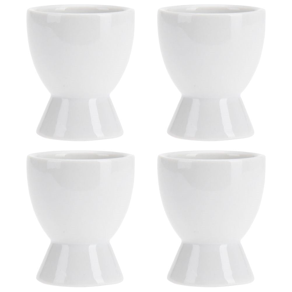 Four egg cups with spoons in white porcelain, dishwasher safe