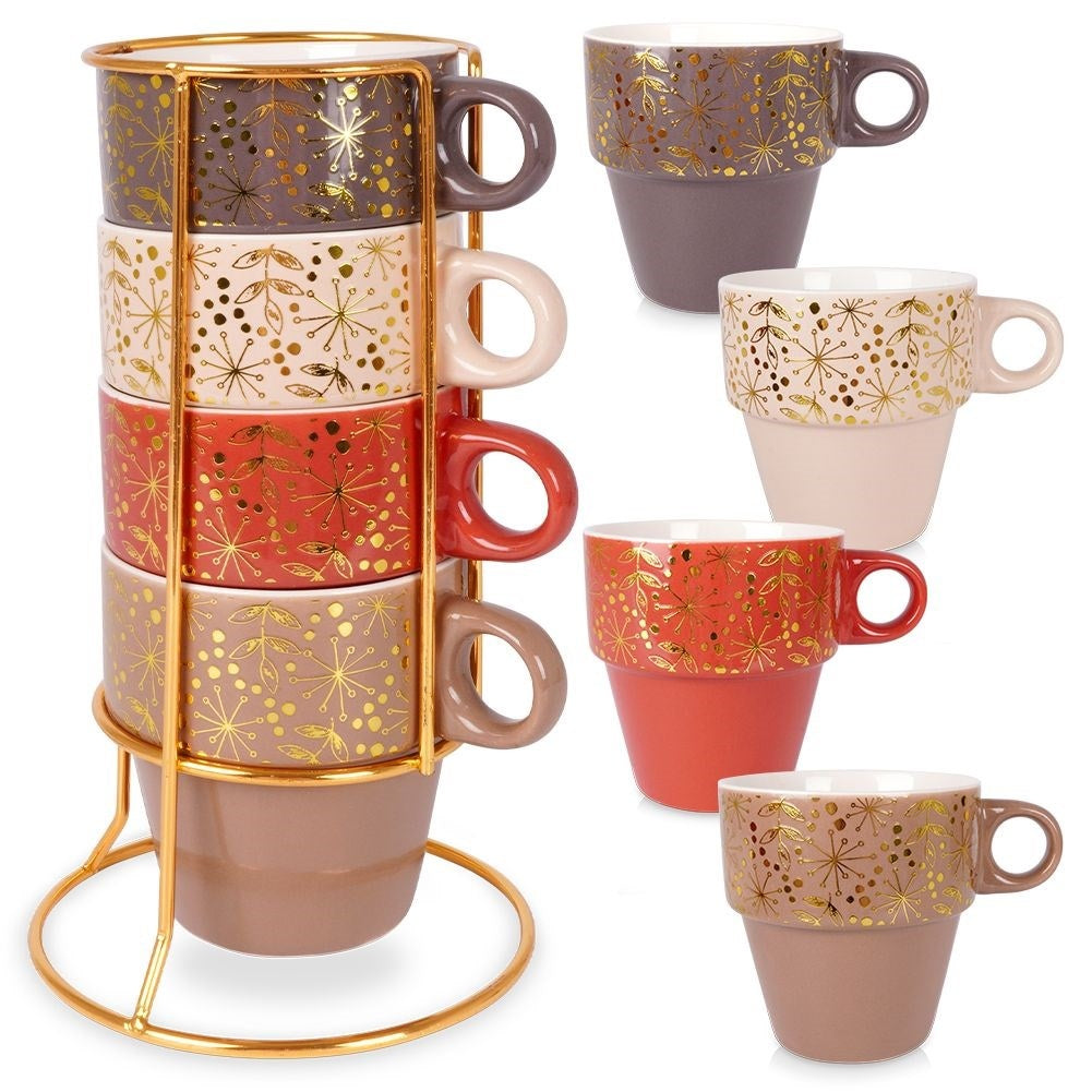 Four elegant porcelain mugs with gold stands and details
