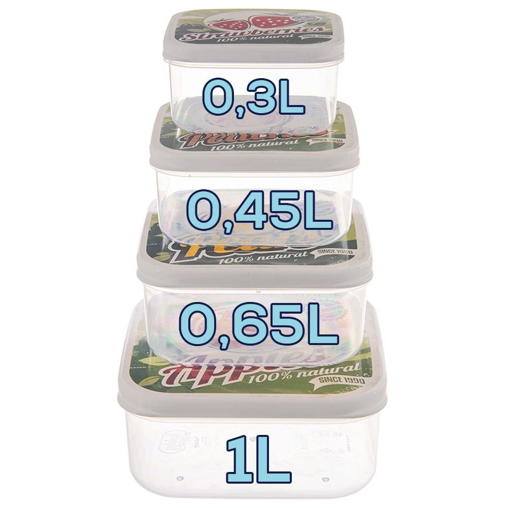 Four food boxes with fruit motifs in different sizes