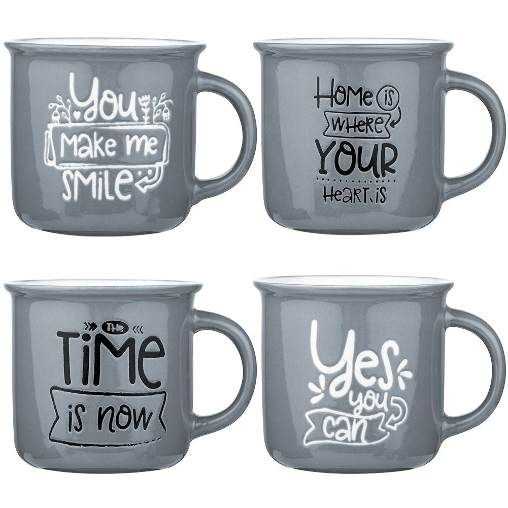 Four gray porcelain mugs with text, dishwasher safe