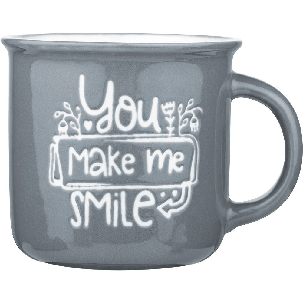 Four gray porcelain mugs with text, dishwasher safe