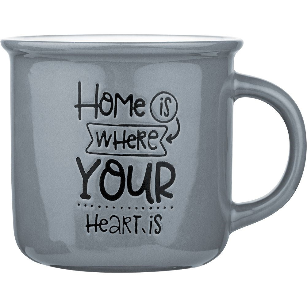 Four gray porcelain mugs with text, dishwasher safe