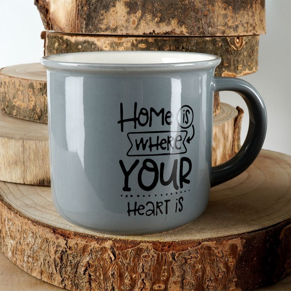 Four gray porcelain mugs with text, dishwasher safe