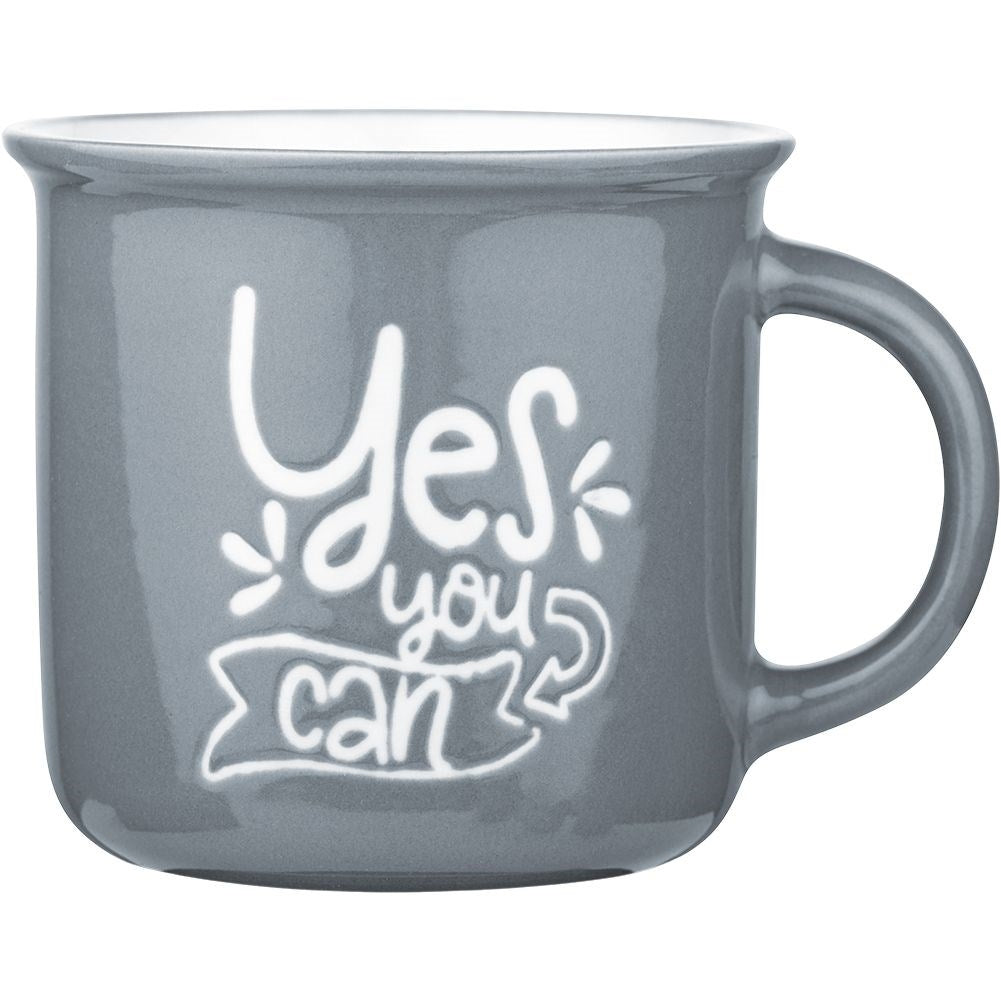 Four gray porcelain mugs with text, dishwasher safe