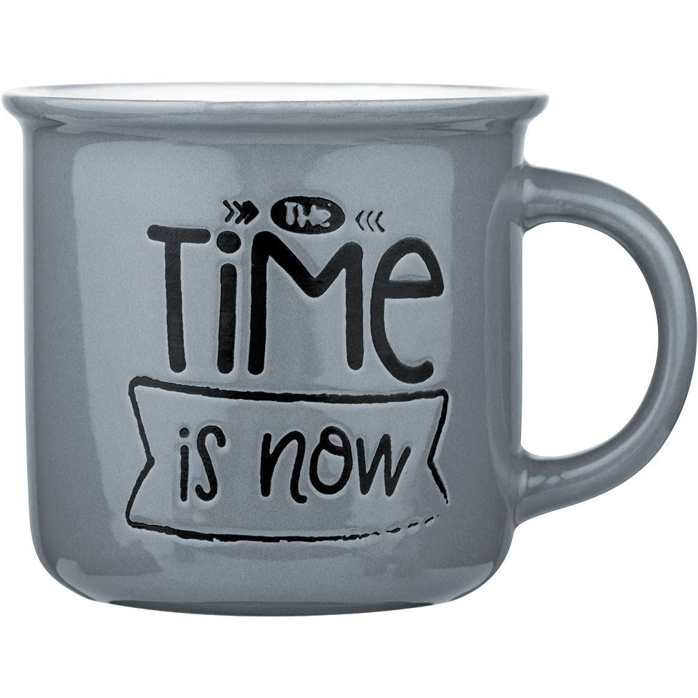 Four gray porcelain mugs with text, dishwasher safe