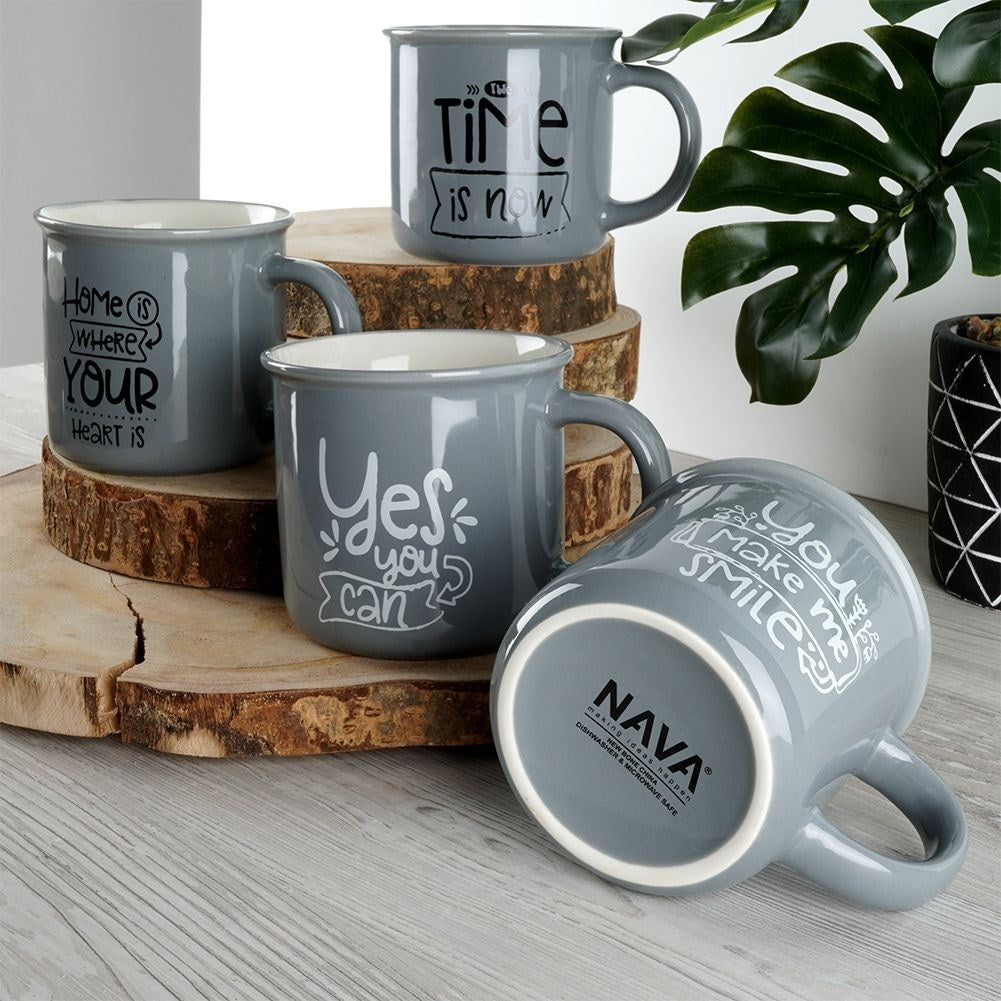 Four gray porcelain mugs with text, dishwasher safe
