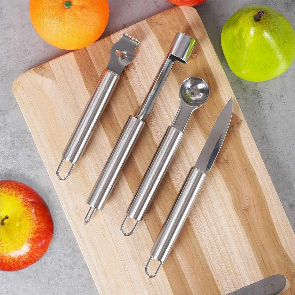 Four kitchen tools for fruits and vegetables in stainless steel
