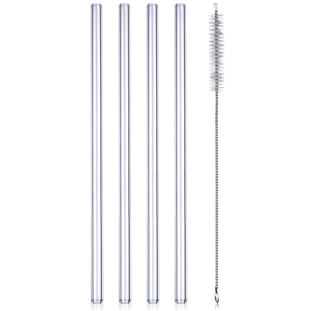Four reusable glass straws with cleaning brush