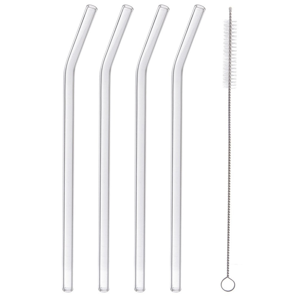 Four reusable glass straws with cleaning brush