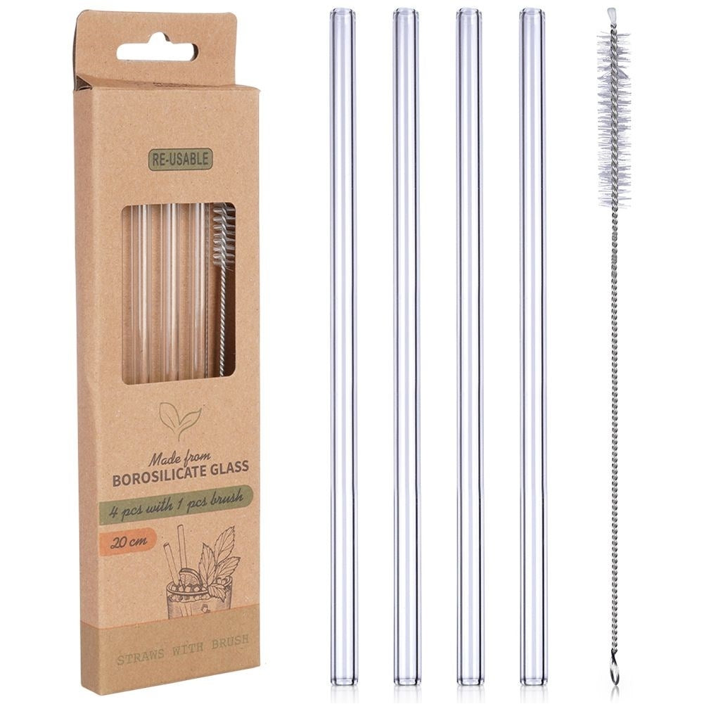 Four reusable glass straws with cleaning brush