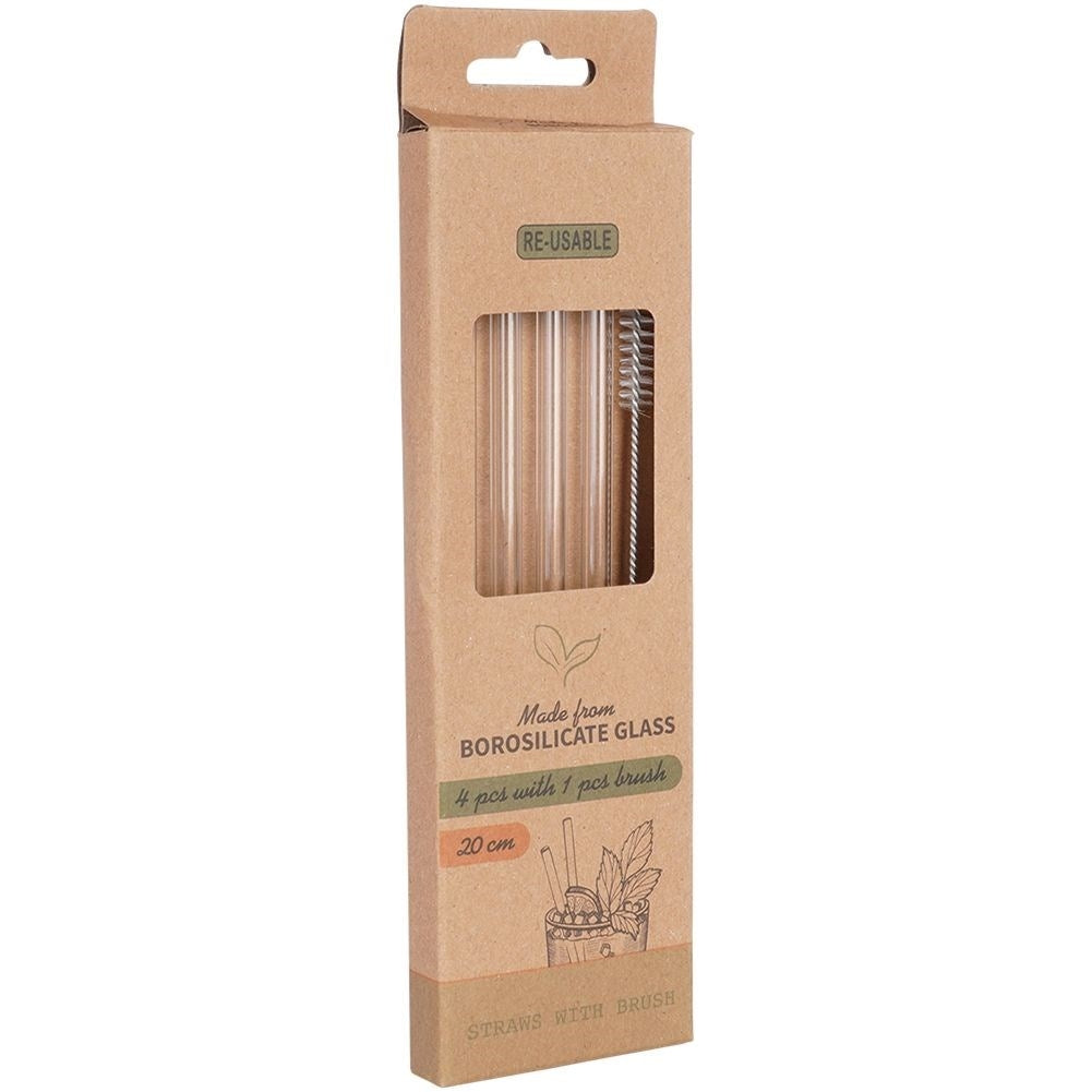 Four reusable glass straws with cleaning brush