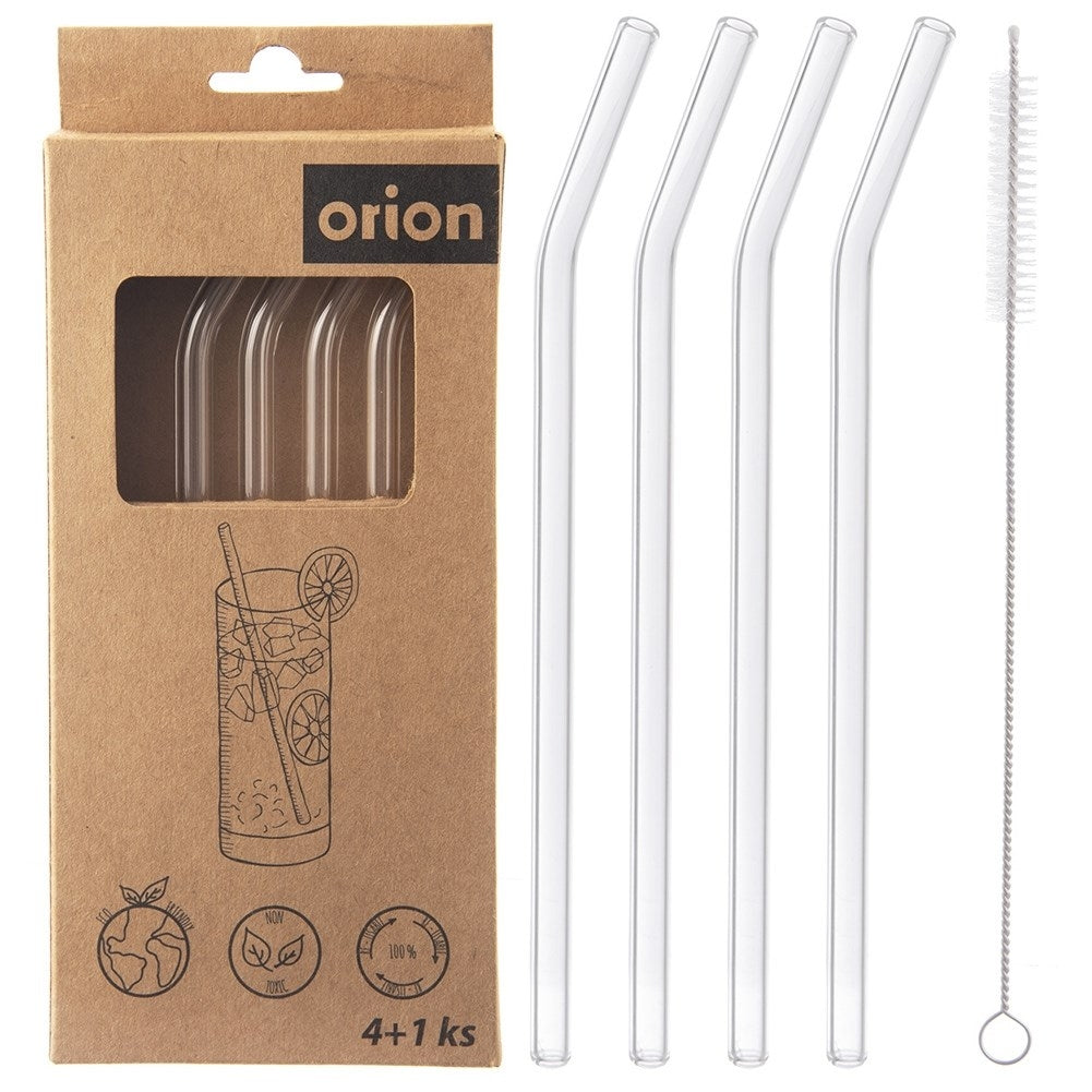Four reusable glass straws with cleaning brush