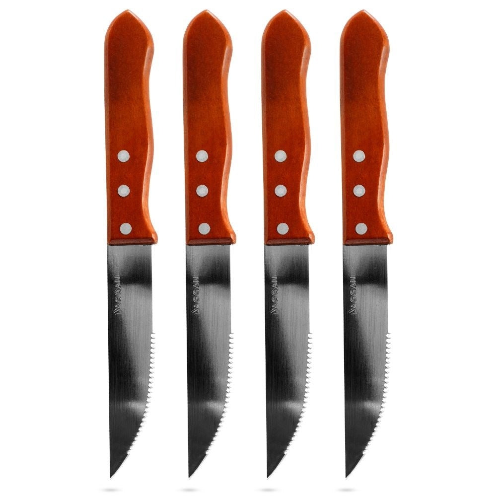 Four serrated steak knives with sturdy wooden handle for grilling