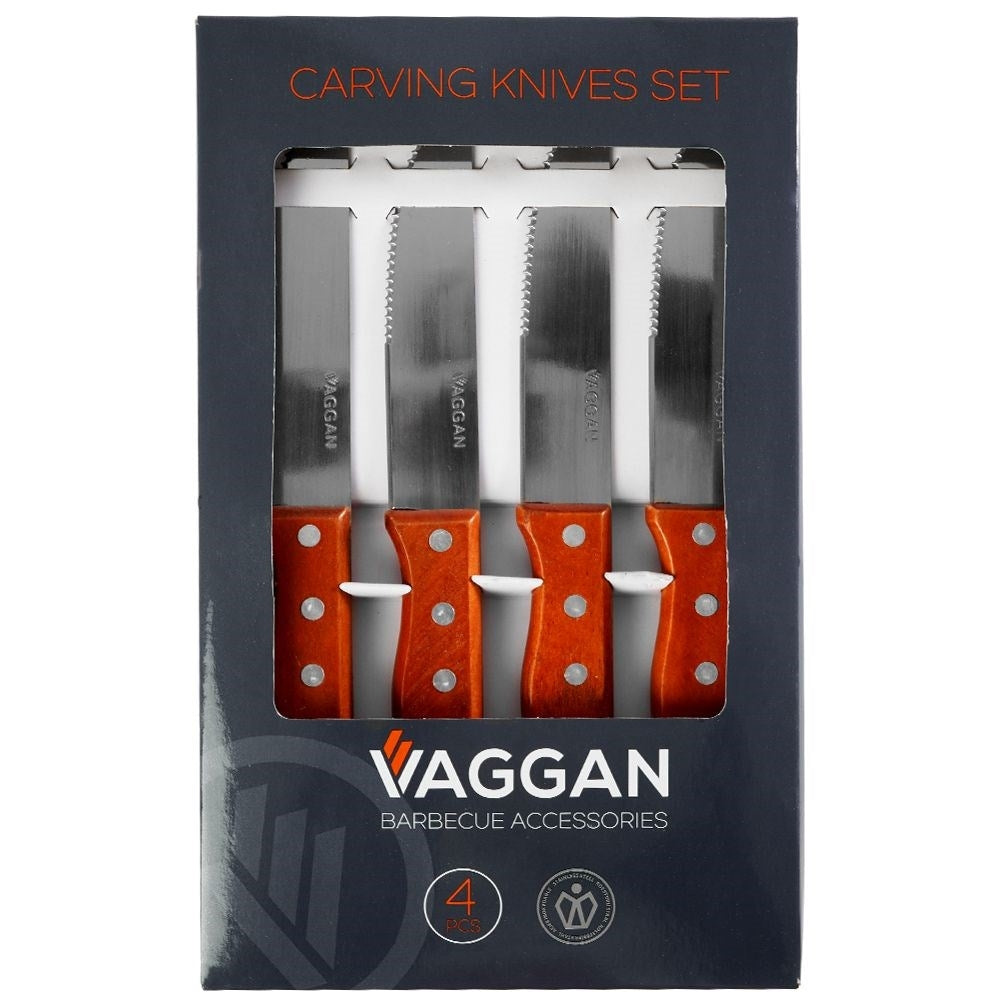 Four serrated steak knives with sturdy wooden handle for grilling