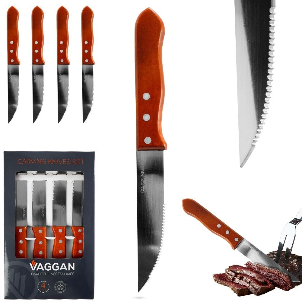 Four serrated steak knives with sturdy wooden handle for grilling