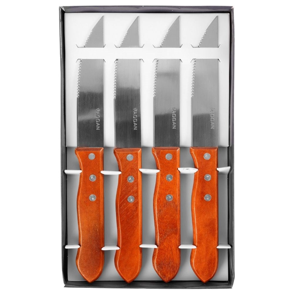 Four serrated steak knives with sturdy wooden handle for grilling