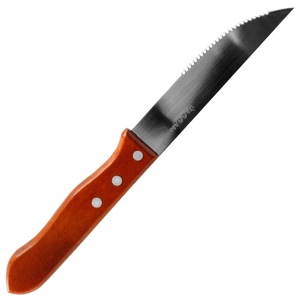 Four serrated steak knives with sturdy wooden handle for grilling