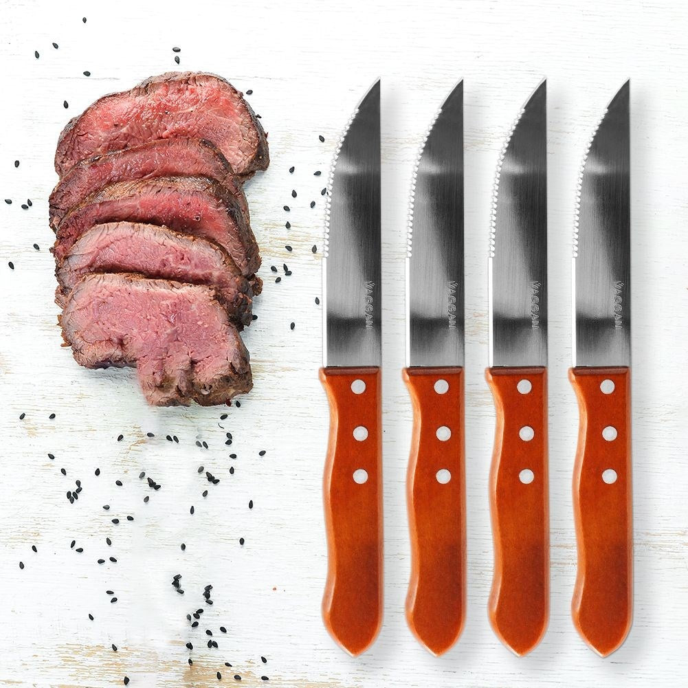 Four serrated steak knives with sturdy wooden handle for grilling