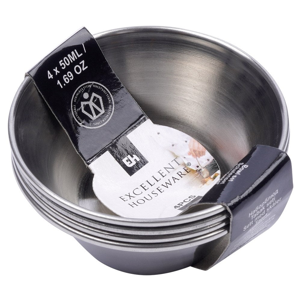 Four small serving bowls in stainless steel, silver colour