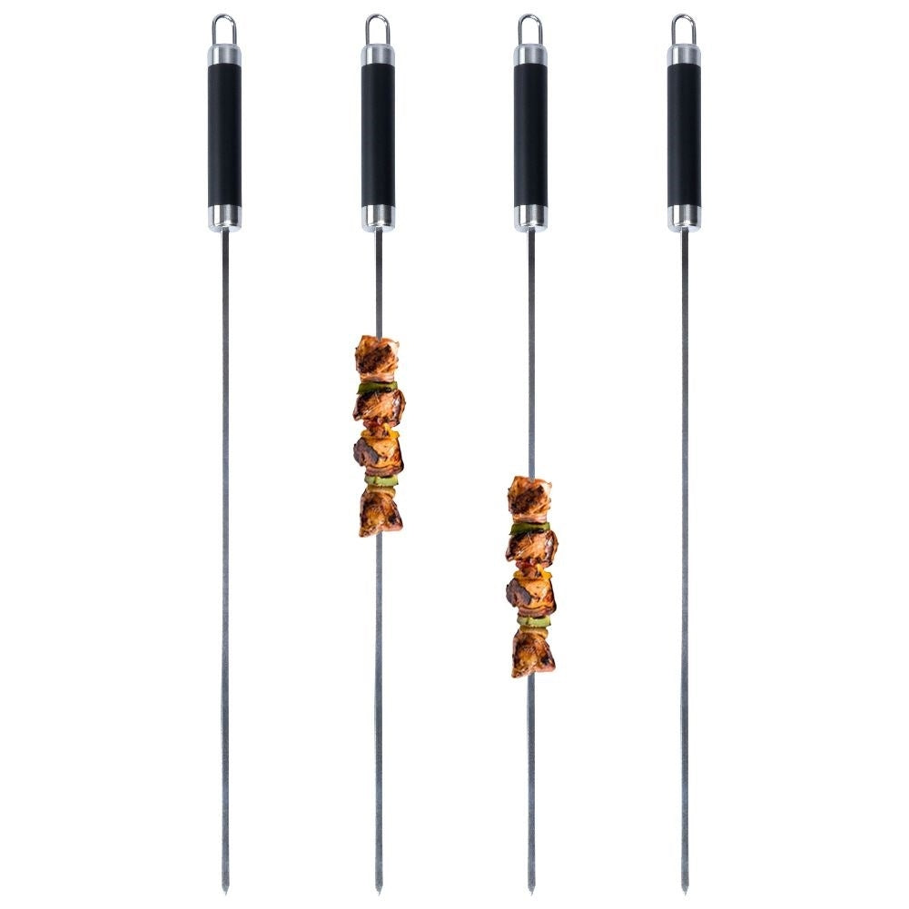 Four stainless steel grill skewers for delicious vegetable and meat skewers