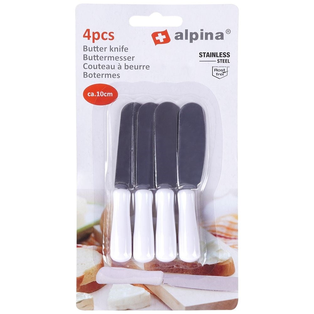 Four stainless steel knives for butter, cheeses and toppings