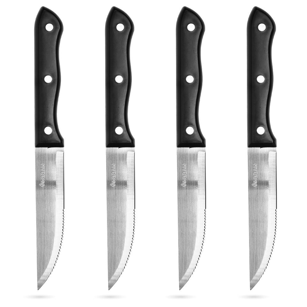 Four steak knives with serrated blades and comfortable handles