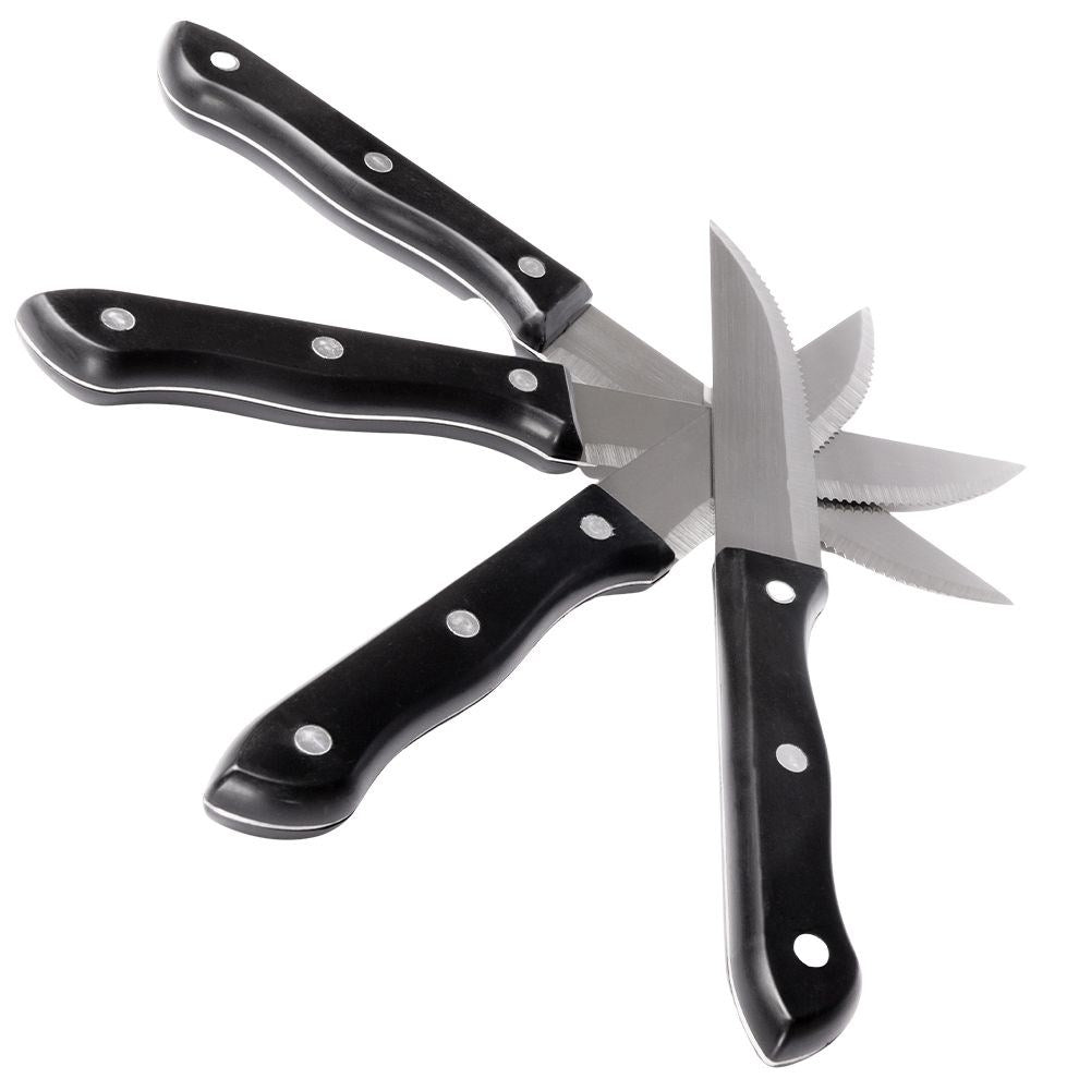 Four steak knives with serrated blades and comfortable handles