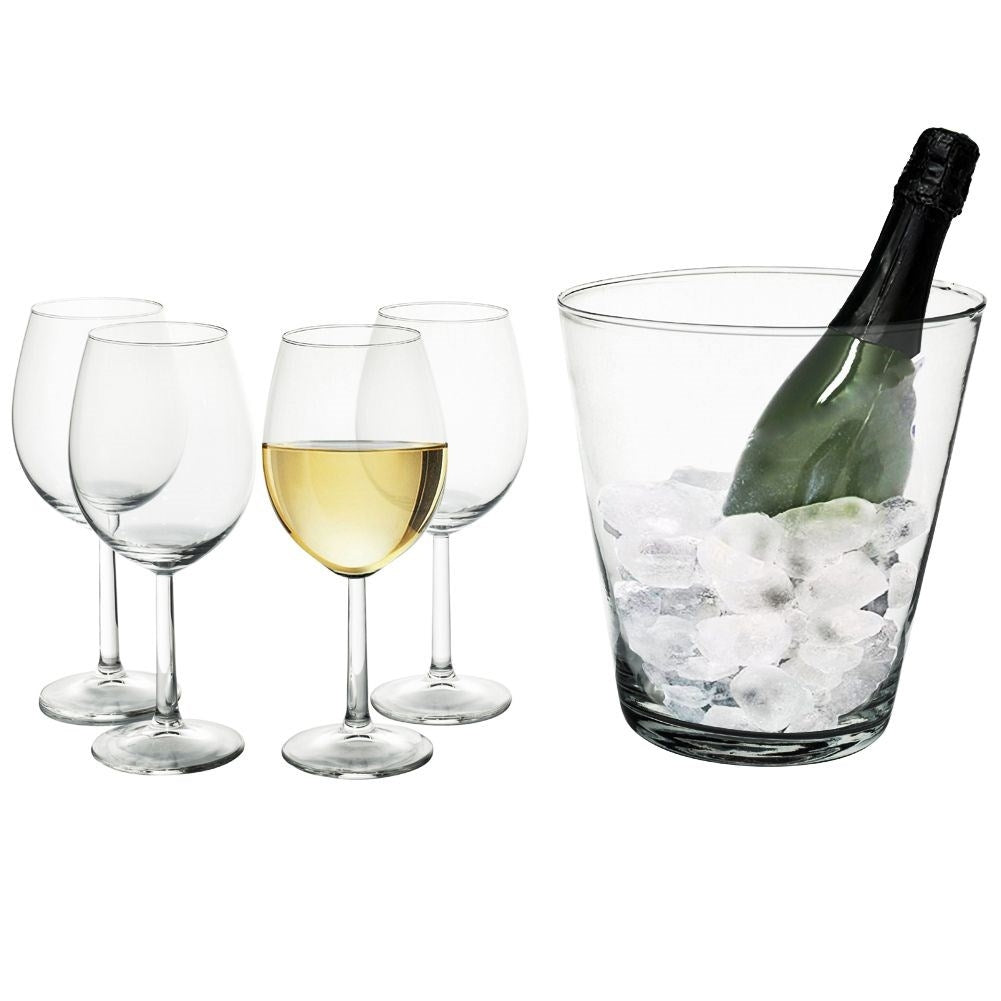 Four wine glasses with glass bucket for ice or bottle