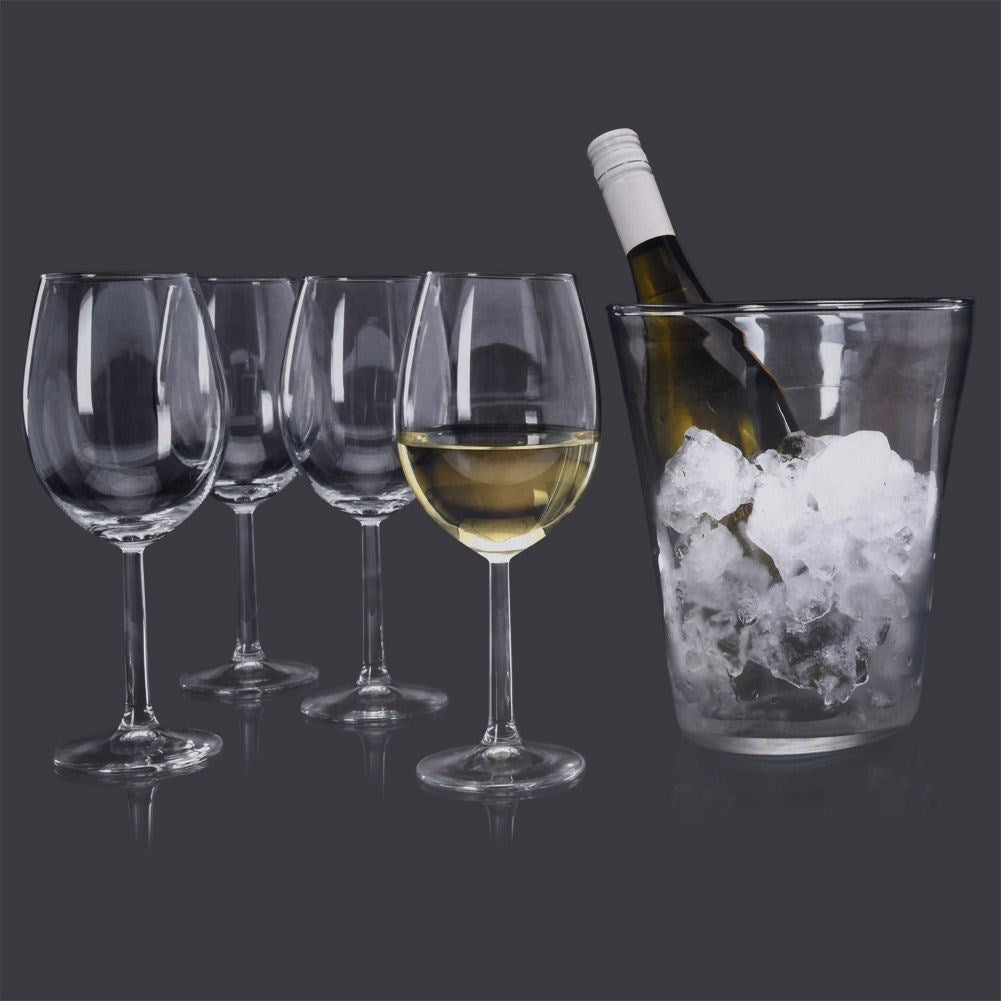 Four wine glasses with glass bucket for ice or bottle