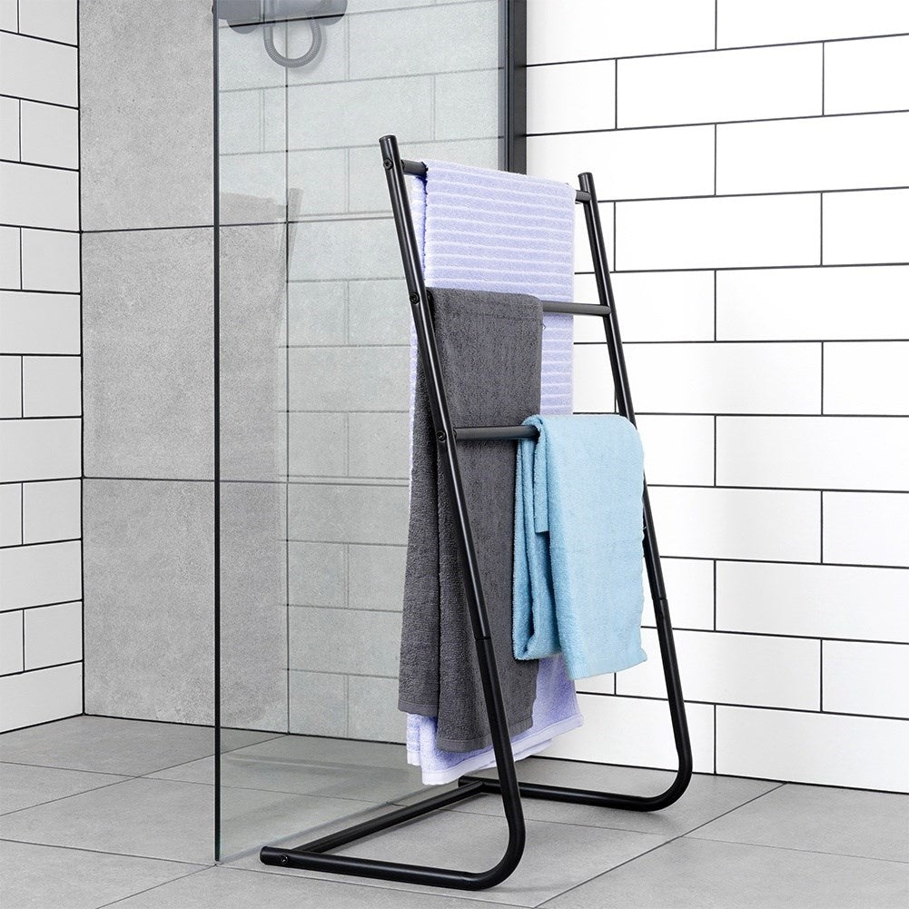 Freestanding black towel rack with three cross bars