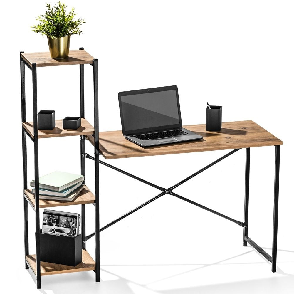 Freestanding desk with tall bookshelf for office.
