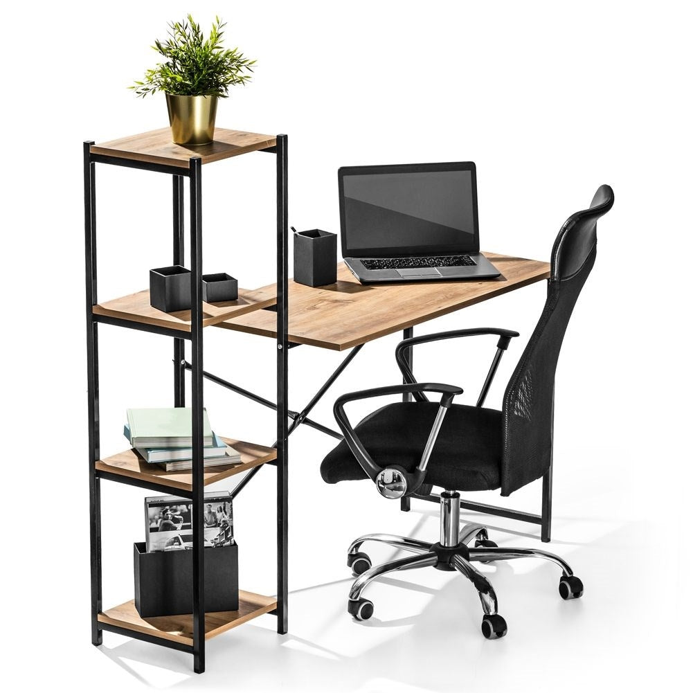 Freestanding desk with tall bookshelf for office.
